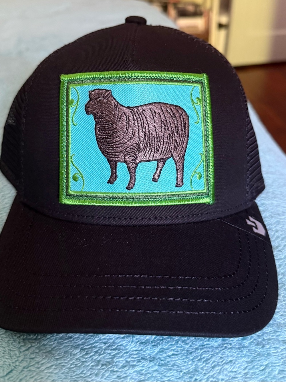 Goorin Bros Ye Olde Sheep Trucker Hat with Turquoise & Green Black Sheep Patch